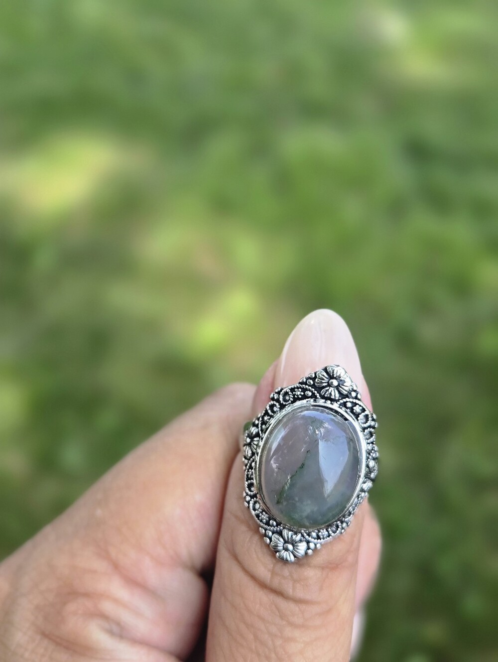 Moss Agate Filigree Shield Ring Adjustable